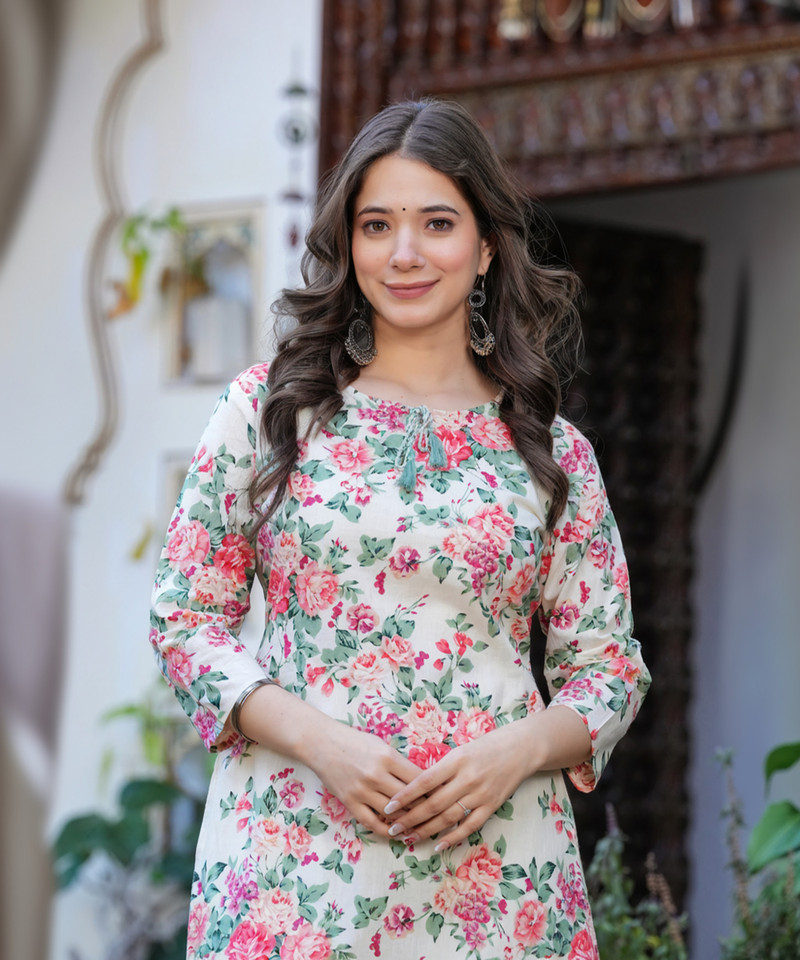 Printed Pure Cotton Straight Kurta for Women (Multicolor)