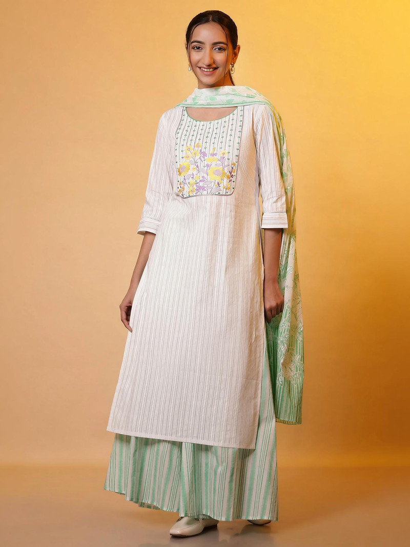 Aurelia Embroidered Pure Cotton Straight Kurta Women Grey White
