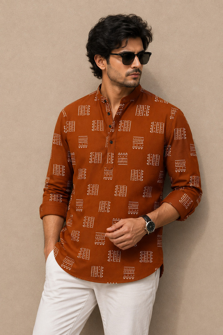 TIKARI Printed Cotton Blend Straight Kurta Men Brown
