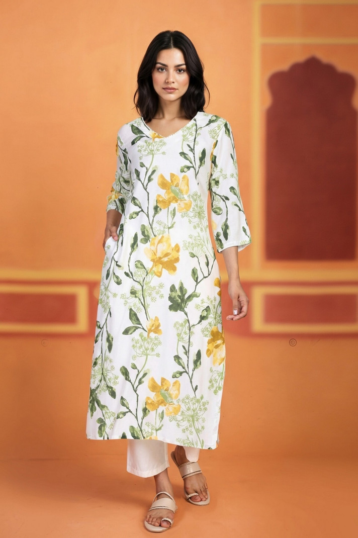 W Floral Print Viscose Rayon Straight Kurta Women White