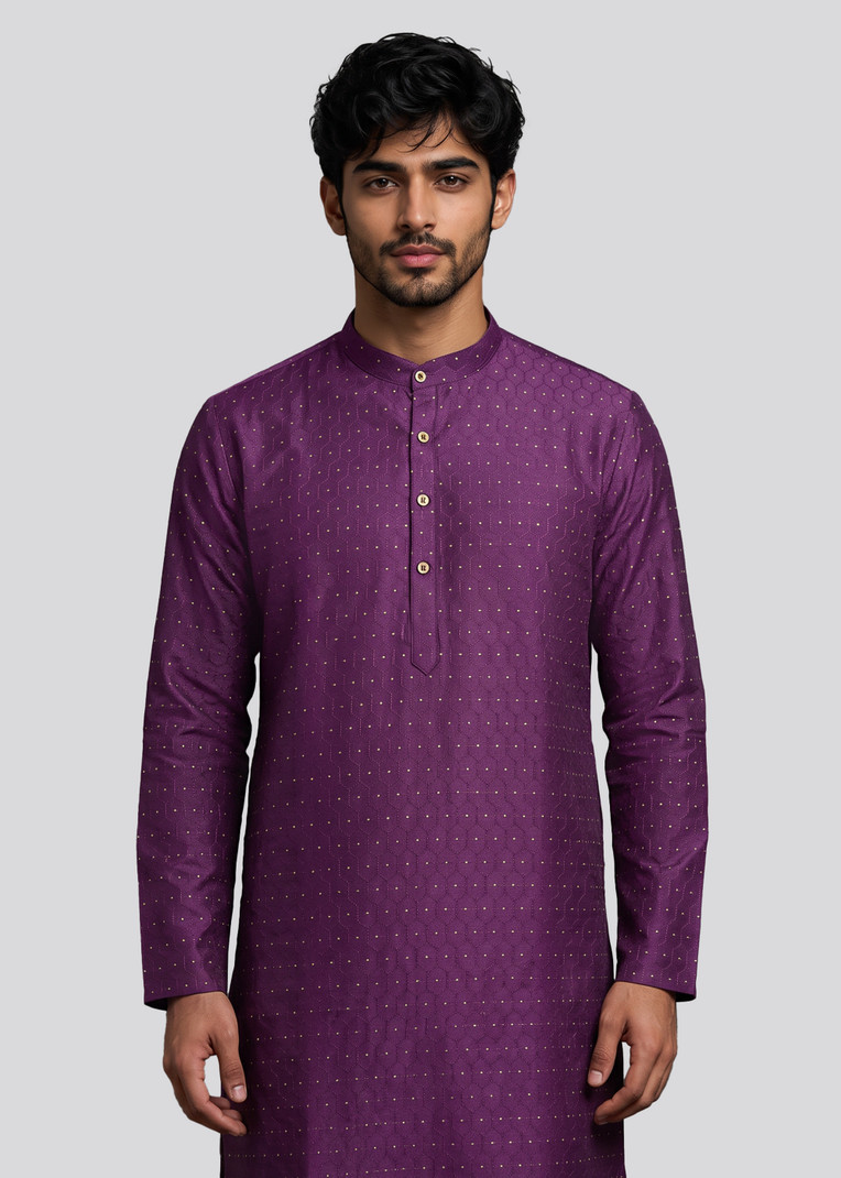 Punya Self Design Jacquard Straight Kurta Men Purple