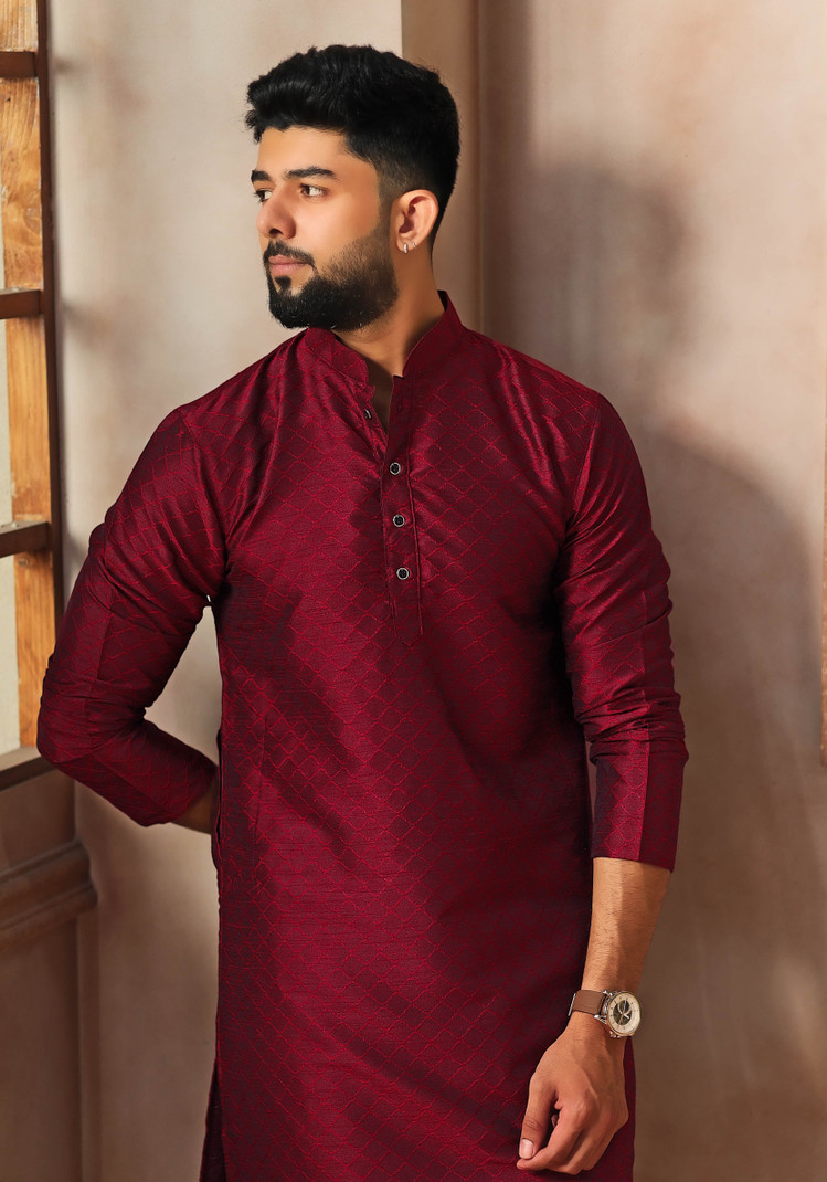 Koshin Self Design Art Silk Straight Kurta Men Maroon