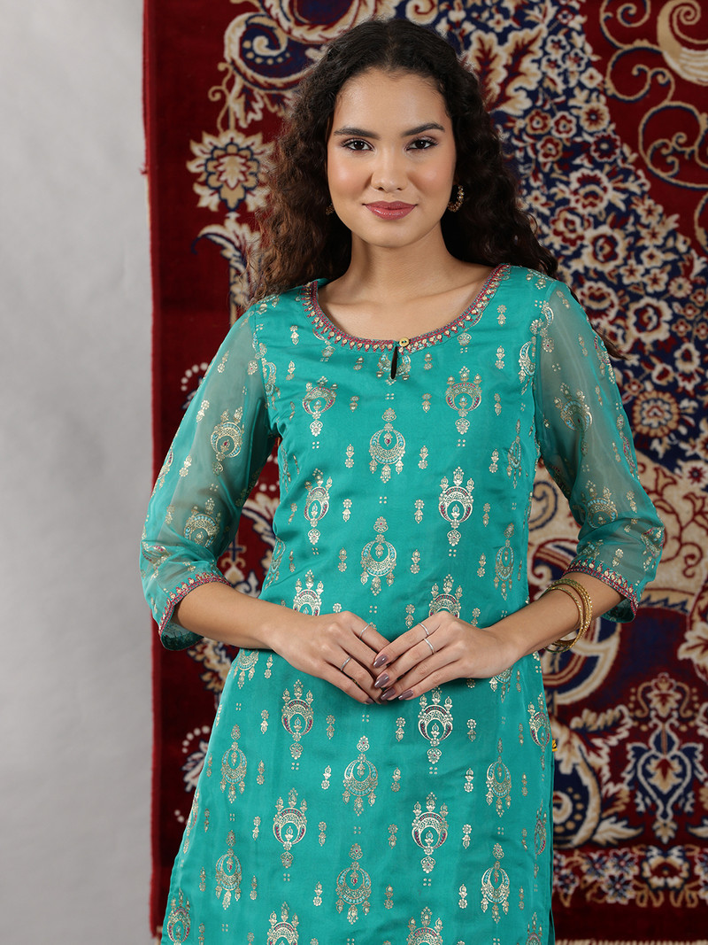 Aurelia Abstract Organza Straight Kurta Women Green