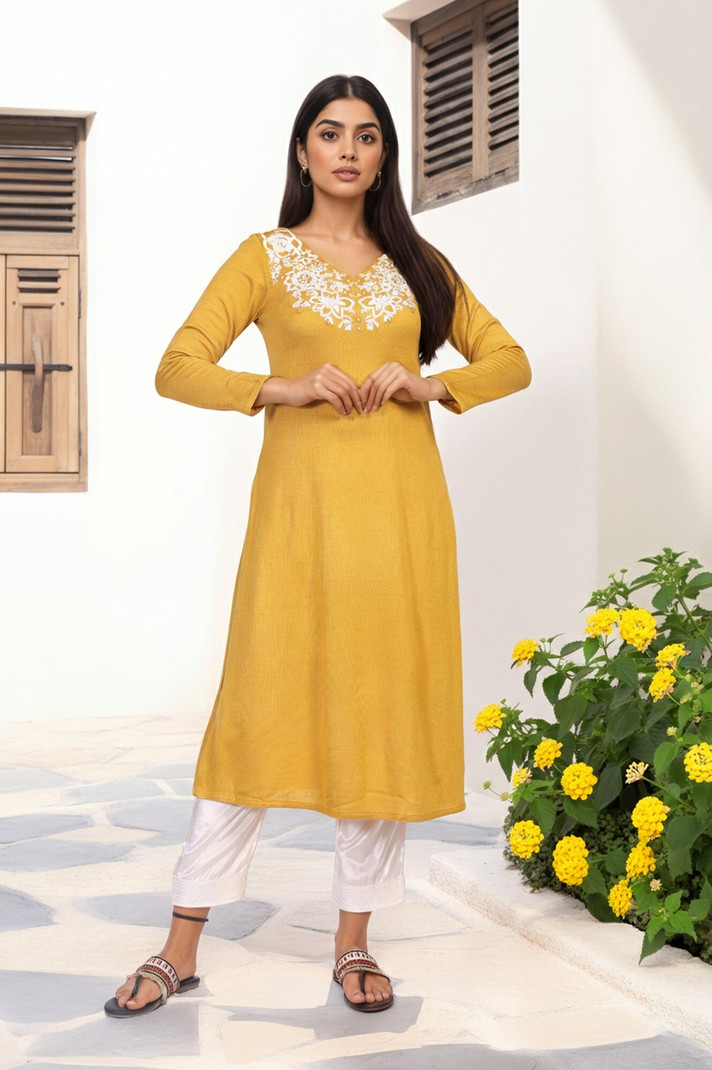 W Embroidered Acrylic Blend A-line Kurta Women Yellow