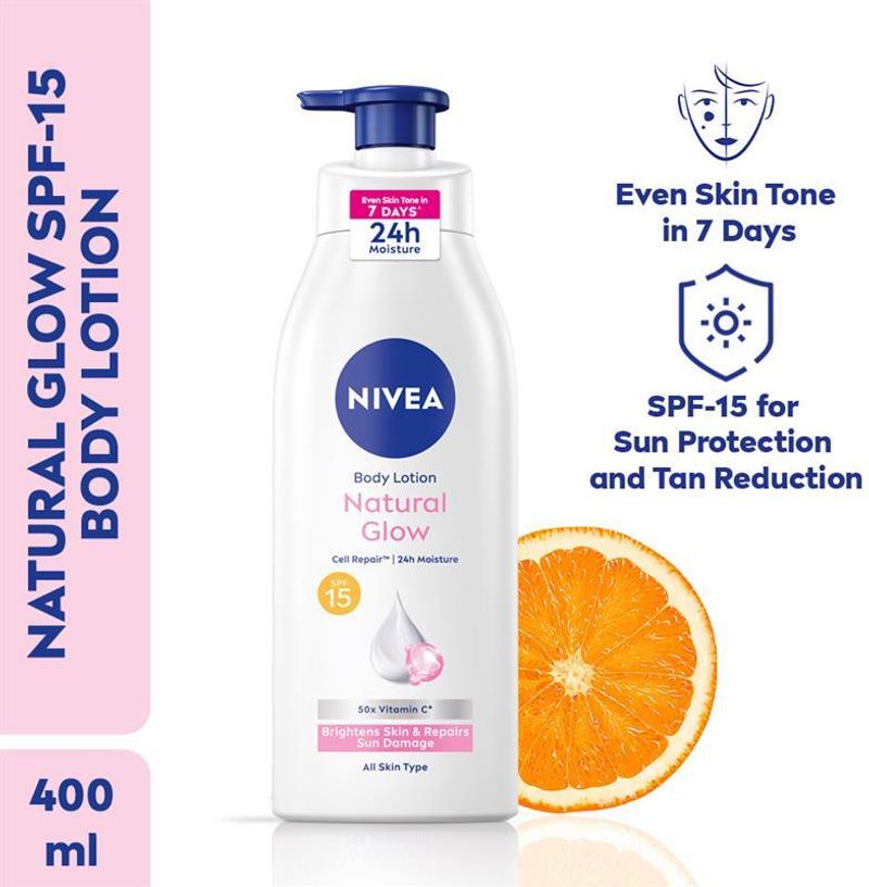 NIVEA Natural Glow, Cell Repair Brightens Skin, 50x Vitamin C Body Lotion with SPF 15 (400 ml)