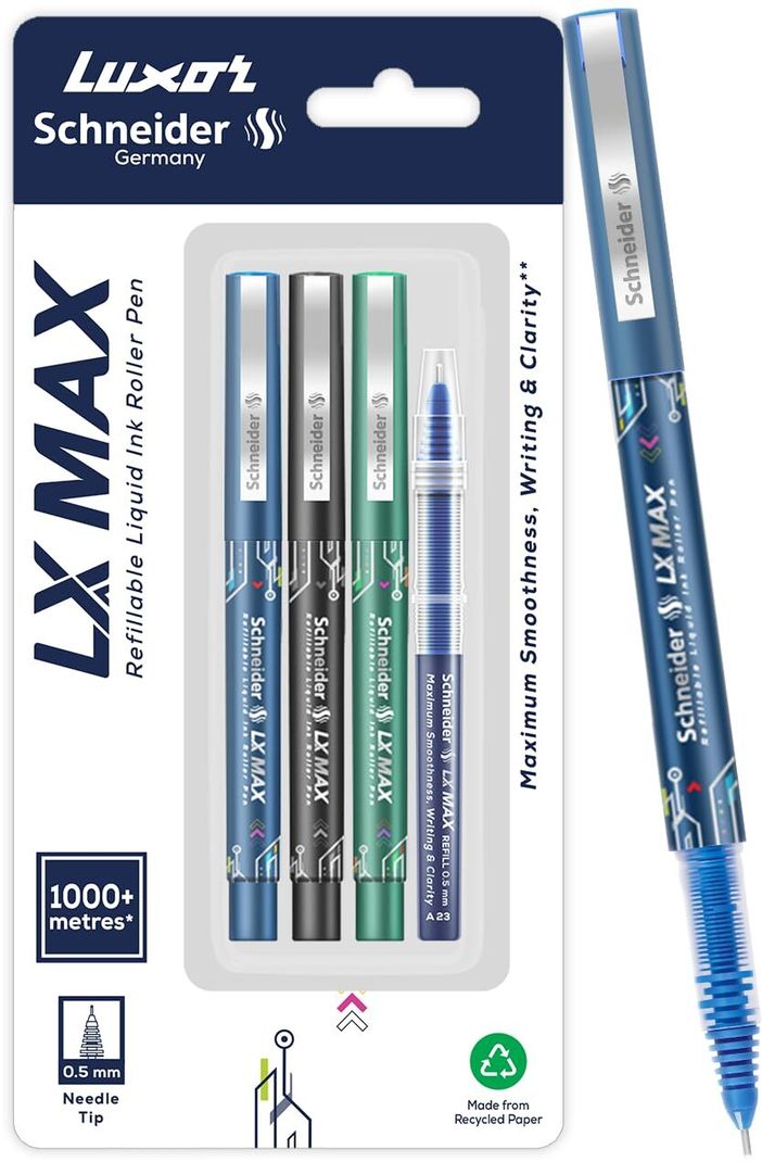 Luxor Schneider LX MAX | Needle Tip | 0.5 mm | 1000+ Meters Writing Length | German Technology Roller Ball Pen (Pack of 3, Ink Color - Multicolor)