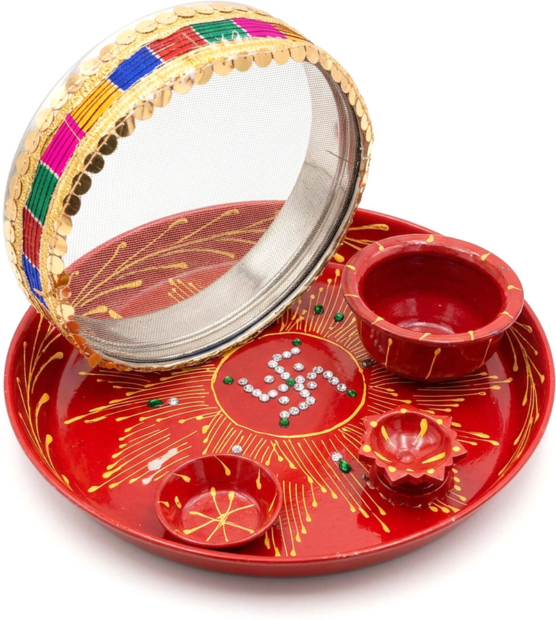 Radheshyam Creation Hand Painted Red Karwa Chauth Pooja Thali Set