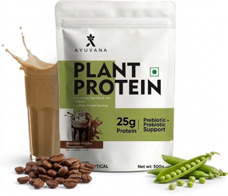 Ayuvana Plant Protein Powder with Prebiotics & Probiotics Plant-Based Protein (500 g, Brazilian Mocha)