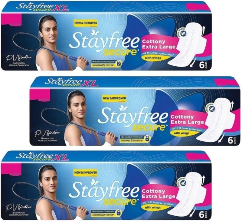 STAYFREE Secure Cottony Soft XL Wings Sanitary Pads For Women, (6+6+6 Napkins) Sanitary Pad (Pack of 3)