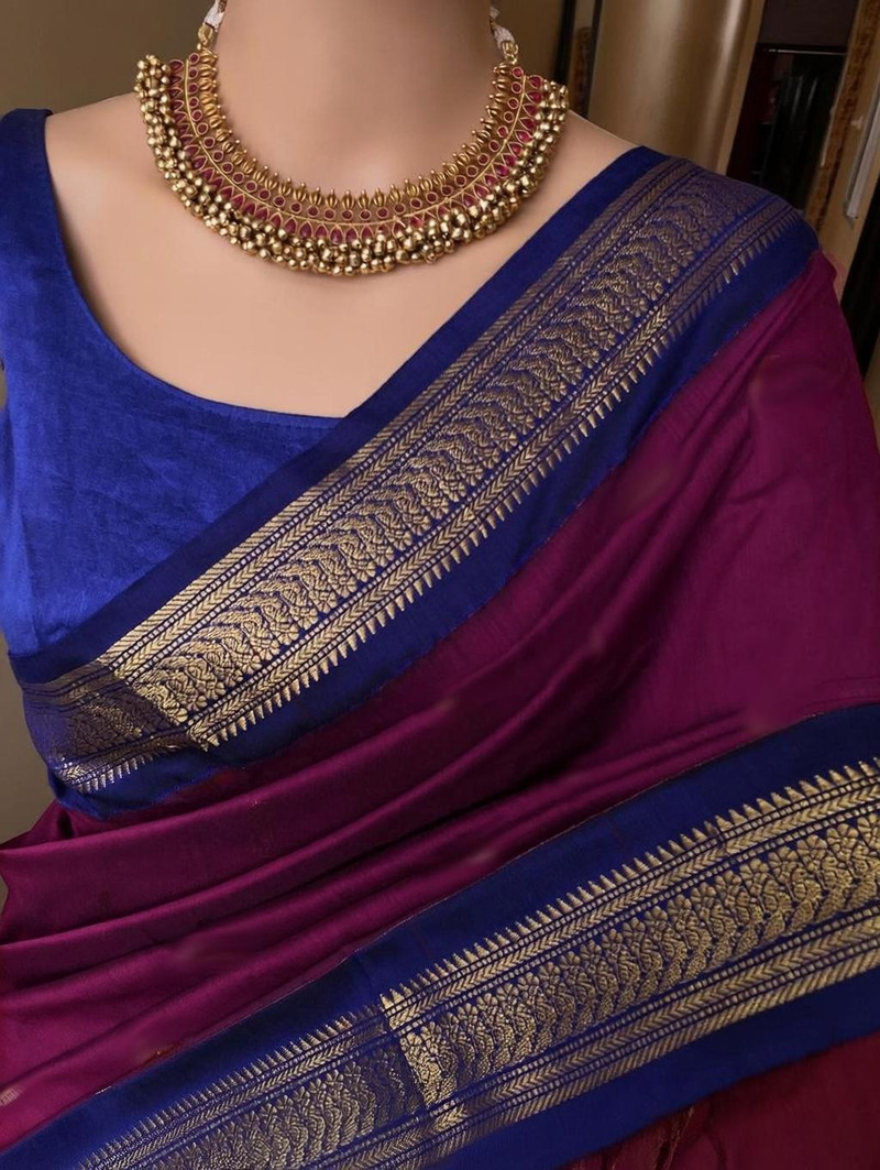 Fashion Club Collection Printed Bollywood Cotton Silk Saree Maroon Blue
