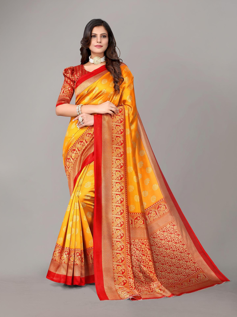 YASHIKA Printed Daily Wear Art Silk Saree Yellow Red