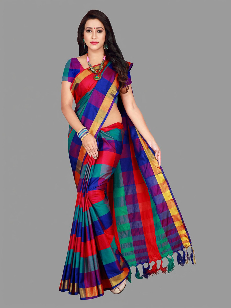 PRIYANSH CREATION Checkered Bollywood Cotton Blend Saree Multicolor
