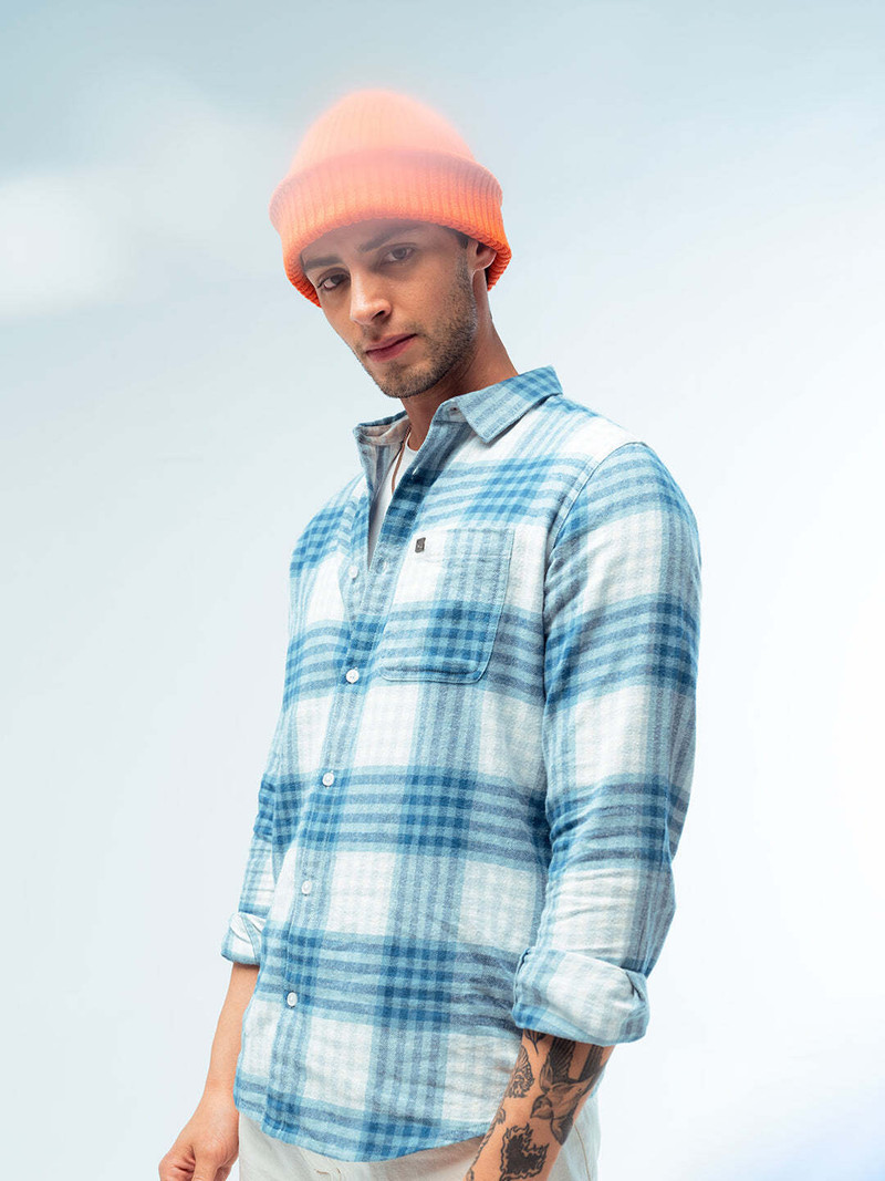 bear house men checkered casual blue shirt