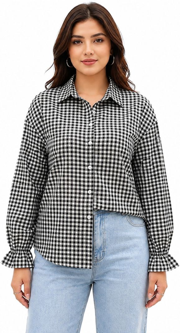 Unikan Women Oversized Fit Checkered Button Down Collar Casual