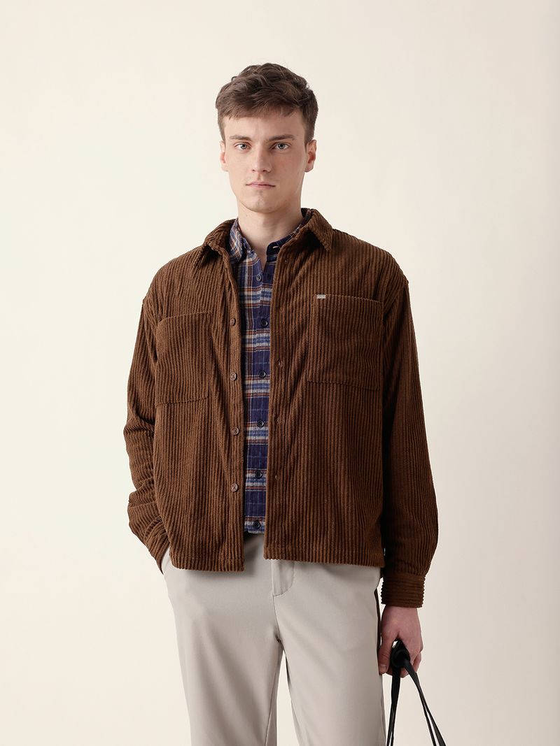 THE BEAR HOUSE Men Oversized Fit Self Design Spread Collar Casual Shirt