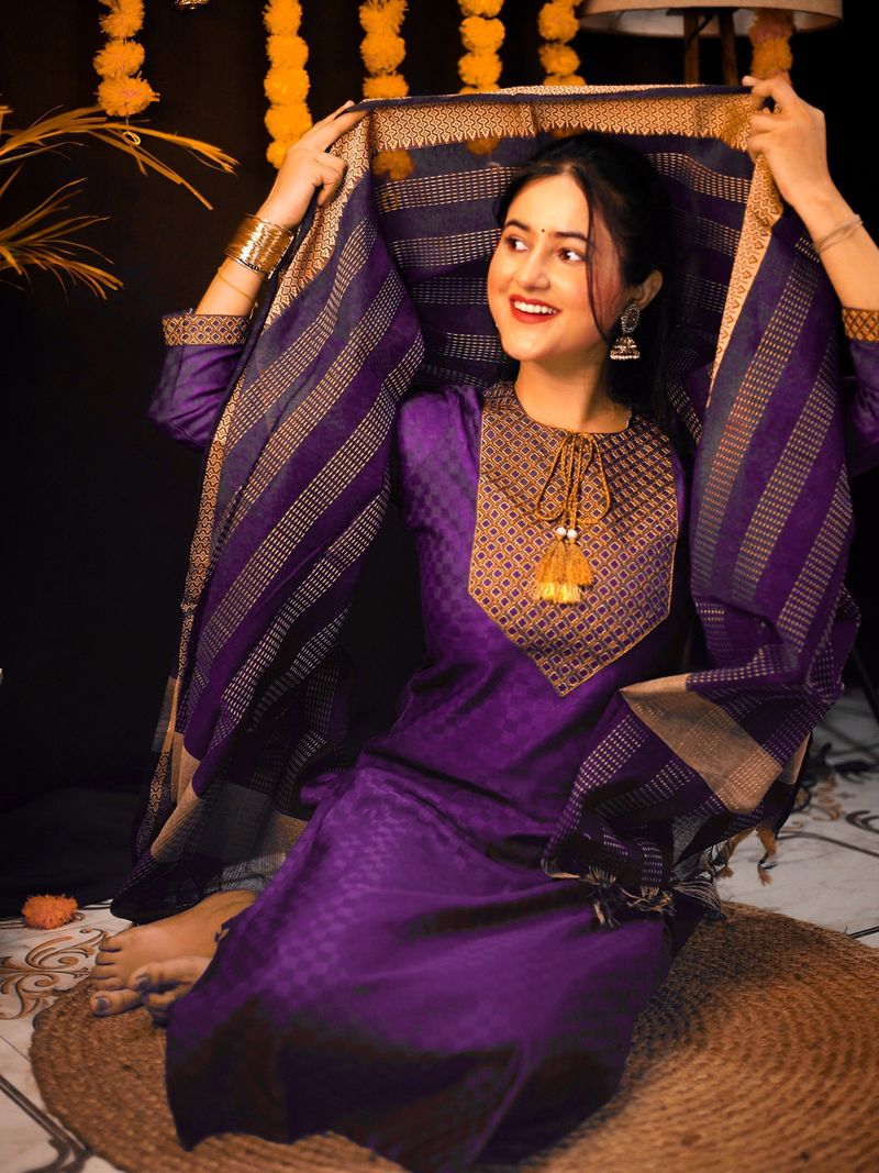Tibra Attire Women Cotton Blend Kurta Pant Dupatta Set