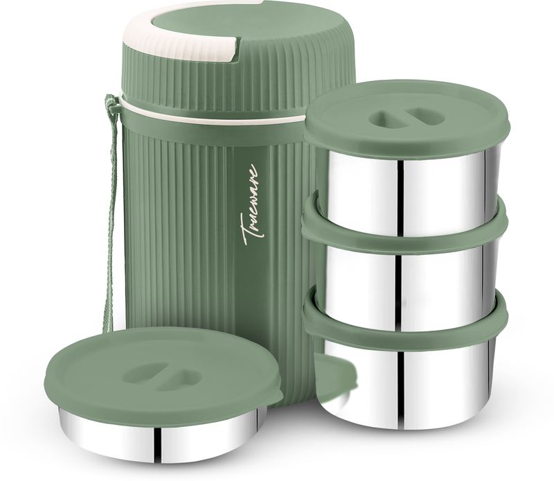 Trueware GRUB 4 Insulated Hot Lunch Box With 3 SS Container 300ML & 1 SS Container 200ML 4 Containers Stainless Steel, Plastic Office Lunch Box (1100 ml)