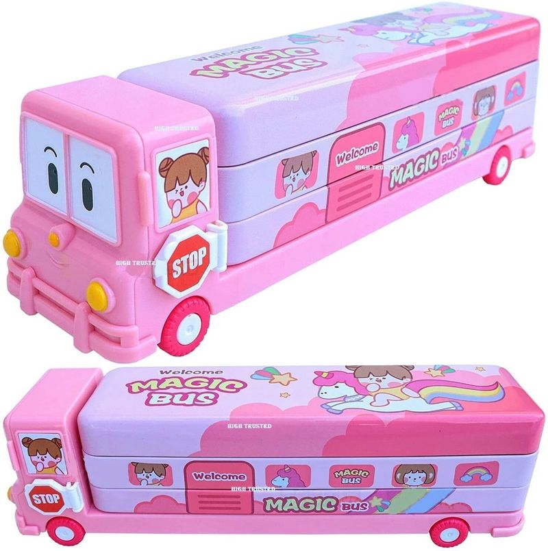 Devam School Bus Metal Pencil Box With Moving Tyres And Sharpner For Kids Cartoon Printed Art Metal Pencil Box (Set of 1, Pink)