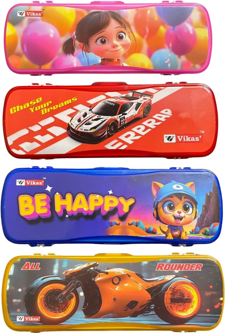 Vikas Cartoon Princess, Red Race car, Be happy, All Rounder Art Plastic Pencil Boxes (Set of 4, Multicolor)