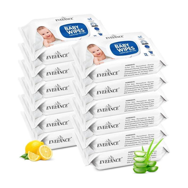 EVELANCE Caring Baby Wet Wipes with lid & Aloe Vera Extract| 72 Pieces|Pack Of 12 (864 Wipes)