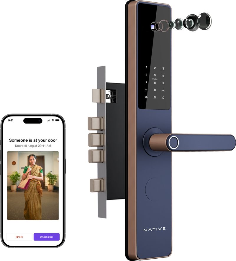 NATIVE By Urban Company Lock Pro with Camera Unlock & Doorbell Connect | 7-Way Unlock |Free Installation Smart Door Lock (Blue)