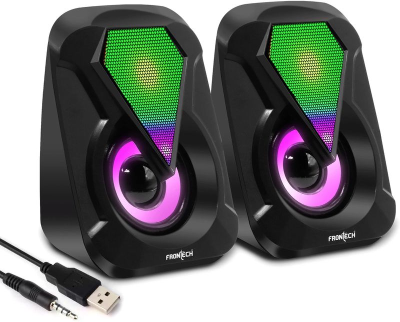 Frontech SPK-0004, 2.0 USB Speakers with AUX | 2 x 3W Drivers | RGB Lights 6 W Laptop/Desktop Speaker (Black, 2.0 Channel)