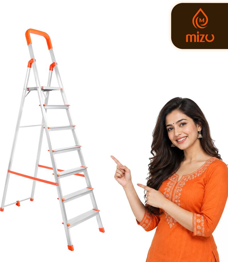 Mizu Exel 7 Steps Ladder For Home With Aluminium Steps & Upto 300 Kgs Load Capacity Steel Ladder (With Platform)