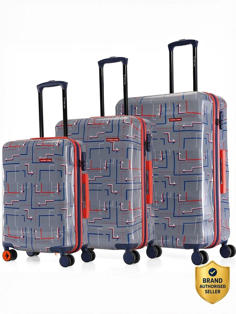 Nasher Miles NASHER MILES Denver Hard-Sided Polycarbonate Printed Grey Trolley Bags (55 & 65 cm) Cabin & Check-in Set 8 Wheels - 24 inch