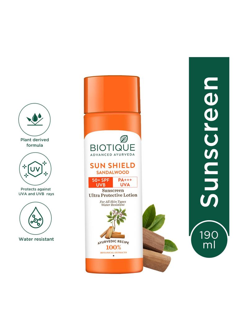 BIOTIQUE Sunscreen - SPF 50+ PA+++ Sun Shield Sandalwood Lotion UVB/UVA|Ultra Protective|For men & Women (190 ml)