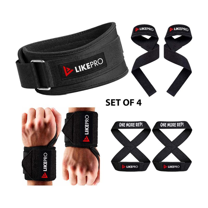 LIKEPRO Kit Set of 4 – Weightlifting Belt, Wrist Wraps, Lifting Straps & Figure 8 Straps Weight Lifting Belt (Black)