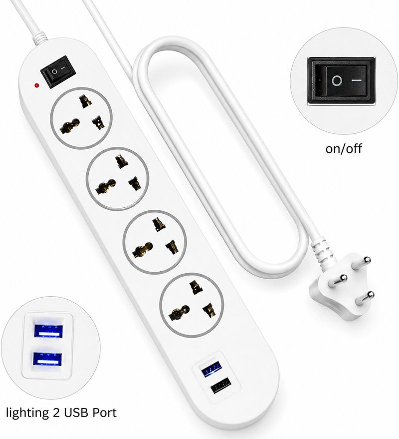 BEBLOOM Surge Protector Power Strip with 4 AC Outlets and Dual USB Ports 4  Socket Extension Boards (Beige, 3 m, With USB Port)
