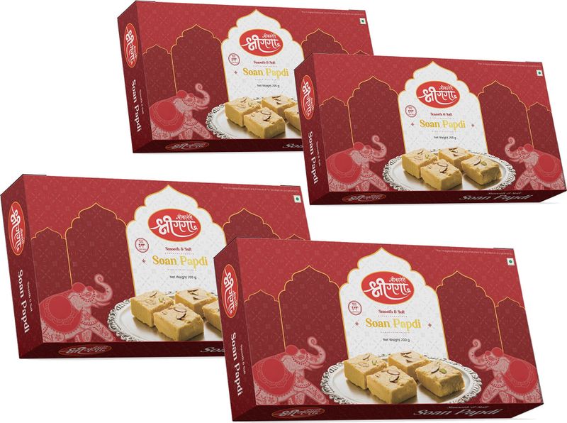 Bikaneri Shree Ganga Soft and Flaky Soan Papdi, 800Gm Delicious Traditional Bikaneri Sweet, Mithai Box (4 x 200 g)