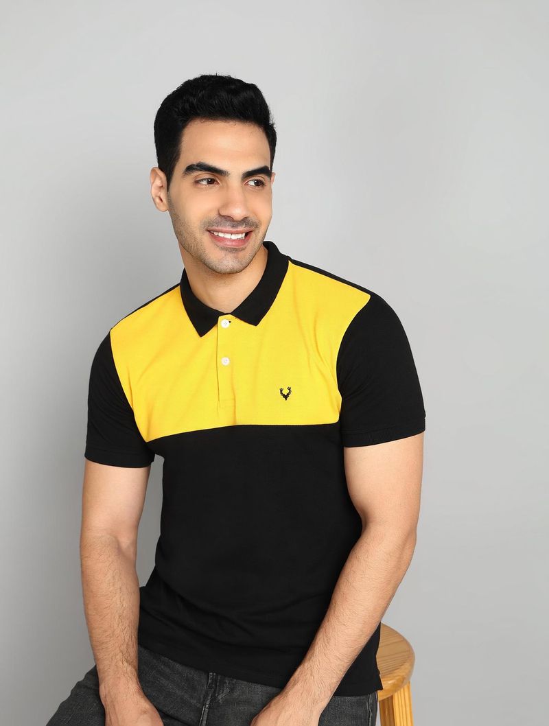 Allen Solly Men Colorblock Polo Neck Cotton Blend Black, Yellow T-Shirt