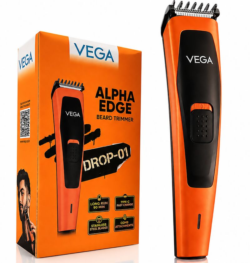 VEGA Alpha Edge Beard Groomer for Men with 4 Comb, USB C-Type Charger (VHTH-45) Trimmer 90 min Runtime 4 Length Settings (Orange)
