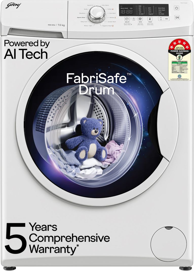 Godrej 7 kg AI Powered, FabriSafe Drum, Eco Wash Fully Automatic Front Load White (WFEON CRS 7010 5 0 FKEDM GLWH)