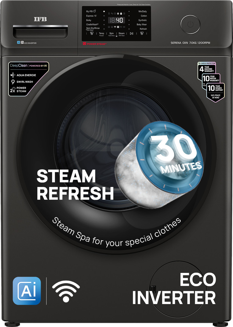 ifb 7 kg 5 star steam refresh program 9 swirl wash eco inverter powered ai wifi fully automatic front load washing machine in built heater black