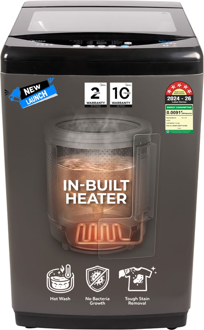 Midea 8 kg Fully Automatic Top Load with In-built Heater Black (MWMTL080FP1GHMB)