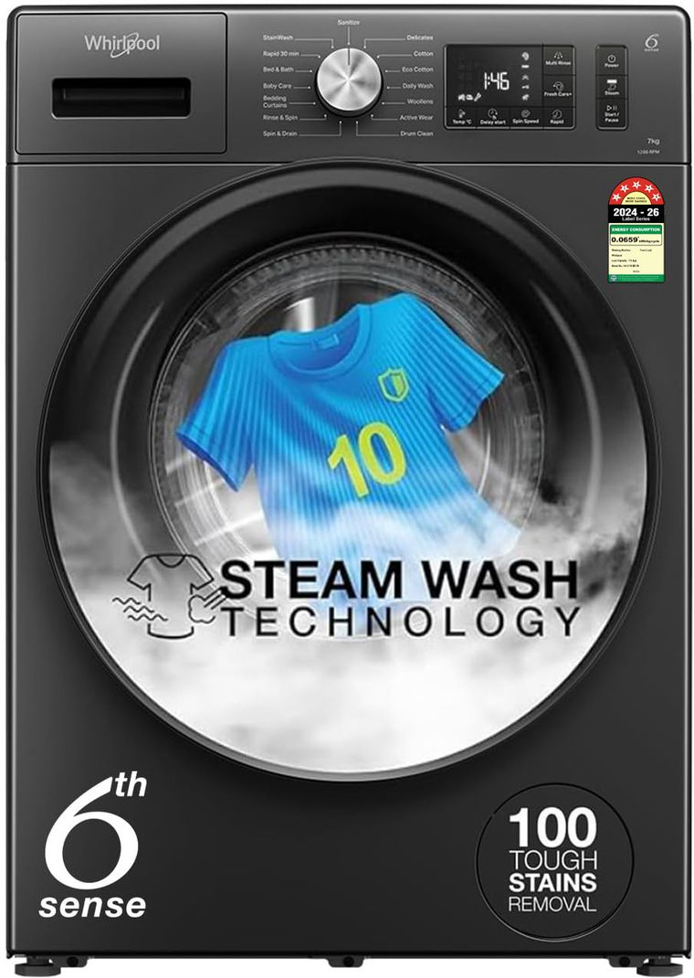 Whirlpool 7 kg 5 Star Inverter 100+ Tough Stains, Steam Technology, Fully Automatic Front Load with In-built Heater Grey (SUPREME CARE 7012 -E)