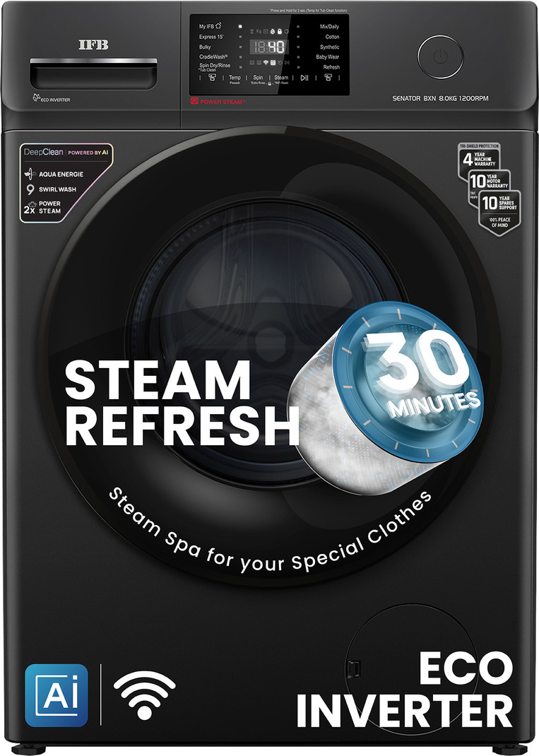 IFB 8 kg 5 Star with Steam Refresh program, 9 Swirl Wash, Eco Inverter, Touch Panel with AI Fully Automatic Front Load with In-built Heater Black SENA