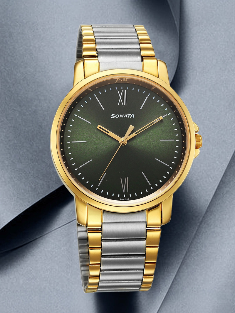 sonata essentials green dial twotoned ss strap analog watch men