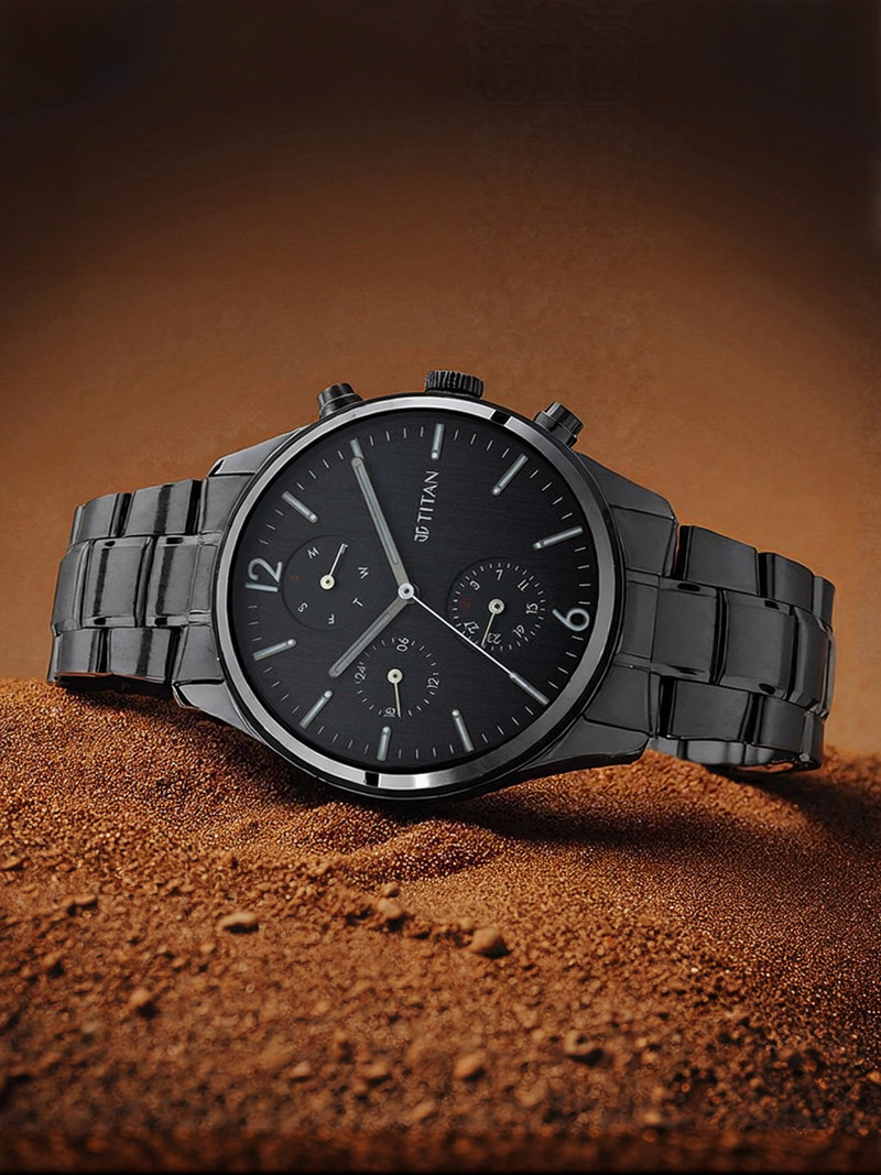 titan nq1805nm02 workwear multifunction black dial metalstrap analog watch men