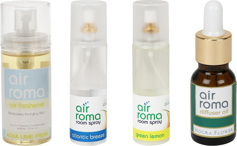 Airroma Green Lemon, Atlantic Breeze, Aqua Lime Fresh, Mogra Flower Car Freshener (Pack of 4)(490 ml) Airroma Green Lemon, Atlantic Breeze, Aqua Lime Fresh, Mogra Flower Car Freshener (Pack of 4)(490 ml)