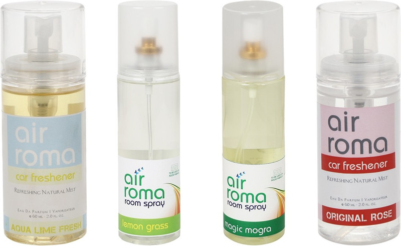 Airroma Aqua Lime Fresh, Original Rose, Lemon Grass, Magic Mogra Car Freshener (Pack of 4)(520 ml) Airroma Aqua Lime Fresh, Original Rose, Lemon Grass, Magic Mogra Car Freshener (Pack of 4)(520 ml)