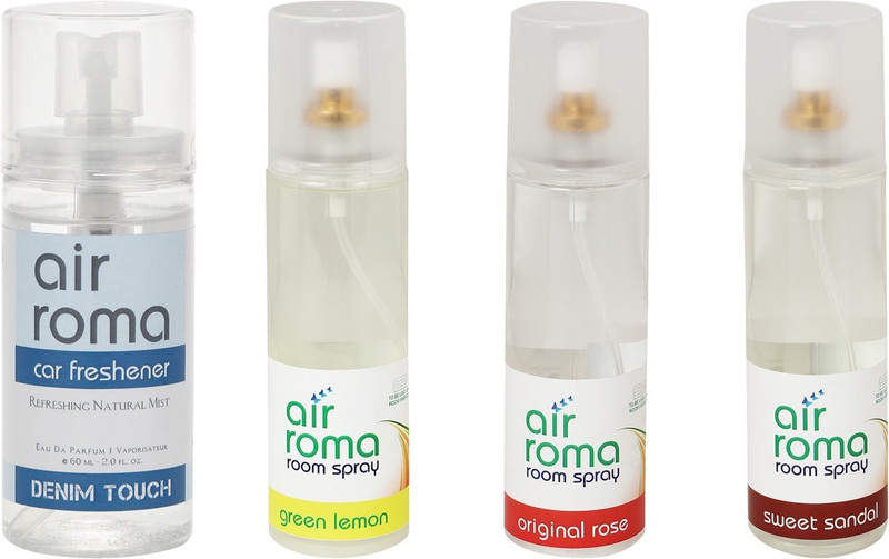 Airroma Green Lemon, Denim Touch, Sweet Sandal, Original Rose Car Freshener (Pack of 4)(660 ml) Airroma Green Lemon, Denim Touch, Sweet Sandal, Original Rose Car Freshener (Pack of 4)(660 ml)