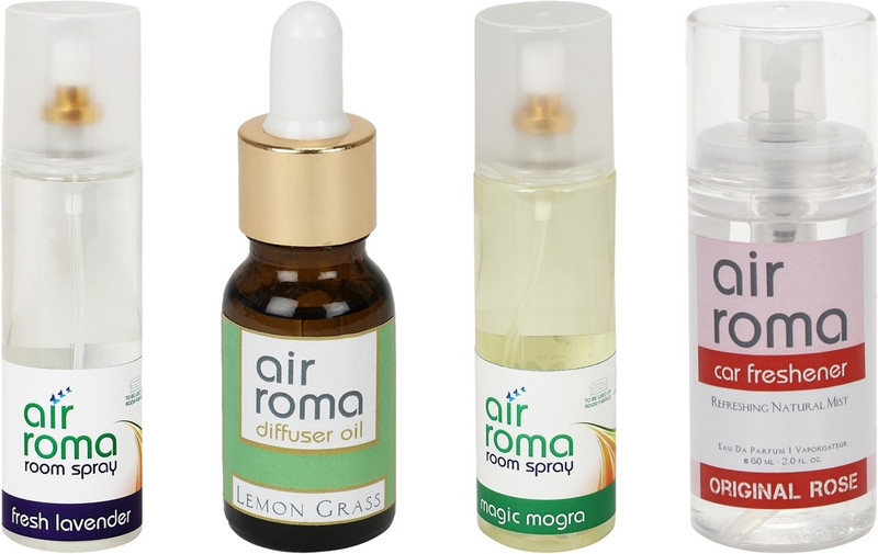 Airroma Original Rose, Lemon Grass, Fresh Lavender, Magic Mogra Car Freshener (Pack of 4)(490 ml) Airroma Original Rose, Lemon Grass, Fresh Lavender, Magic Mogra Car Freshener (Pack of 4)(490 ml)