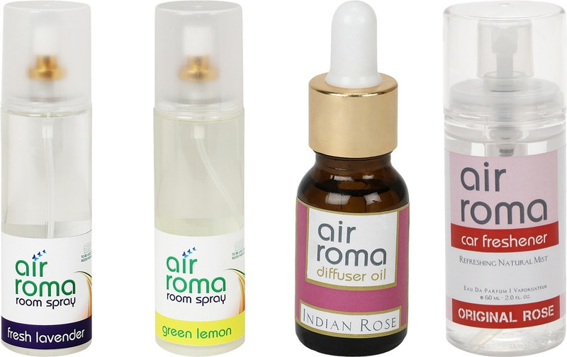 Airroma Green Lemon, Indian Rose, Original Rose, Fresh Lavender Car Freshener (Pack of 4)(490 ml) Airroma Green Lemon, Indian Rose, Original Rose, Fresh Lavender Car Freshener (Pack of 4)(490 ml)