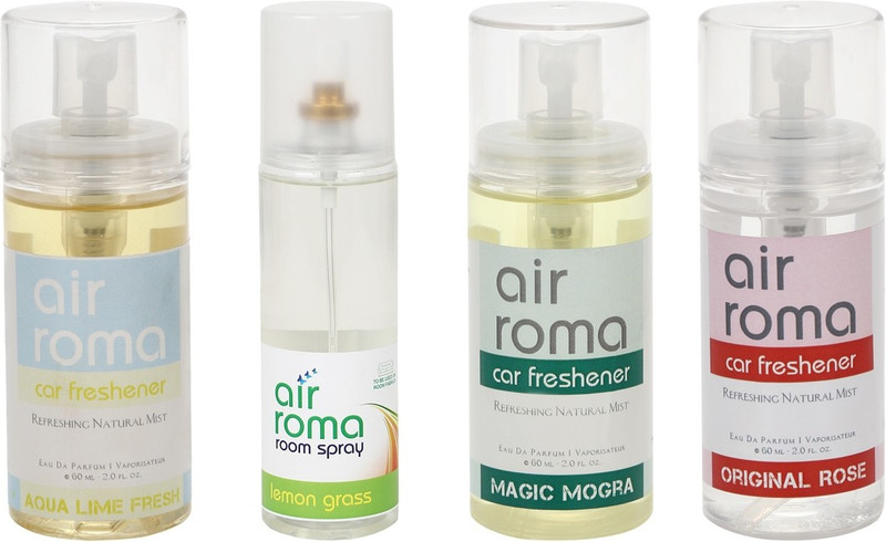 Airroma Aqua Lime Fresh, Original Rose, Lemon Grass, Magic Mogra Car Freshener (Pack of 4)(380 ml) Airroma Aqua Lime Fresh, Original Rose, Lemon Grass, Magic Mogra Car Freshener (Pack of 4)(380 ml)