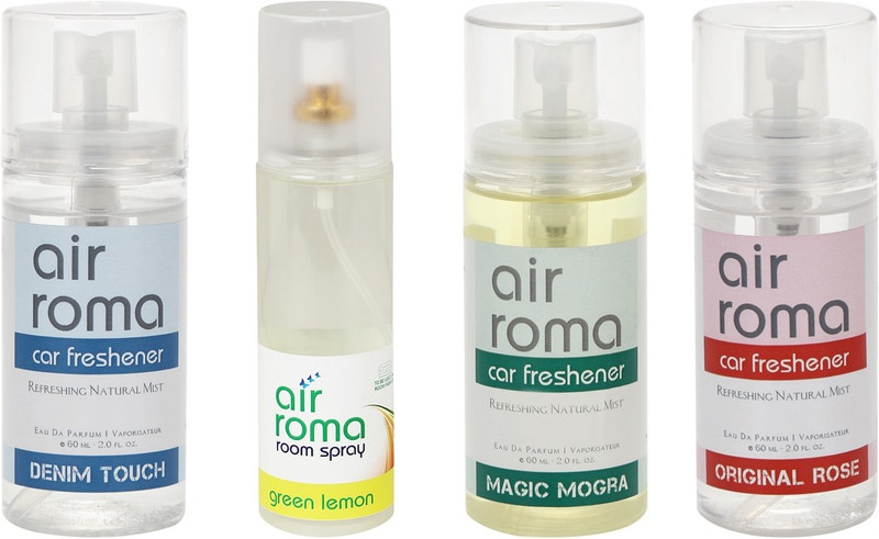 Airroma Green Lemon, Denim Touch, Original Rose, Magic Mogra Car Freshener (Pack of 4)(380 ml) Airroma Green Lemon, Denim Touch, Original Rose, Magic Mogra Car Freshener (Pack of 4)(380 ml)