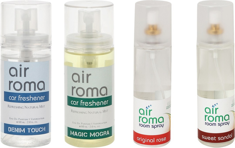 Airroma Denim Touch, Sweet Sandal, Original Rose, Magic Mogra Car Freshener (Pack of 4)(520 ml) Airroma Denim Touch, Sweet Sandal, Original Rose, Magic Mogra Car Freshener (Pack of 4)(520 ml)