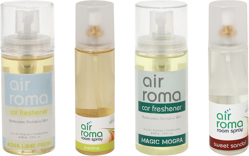 Airroma Sweet Sandal, Aqua Lime Fresh, Jasmine, Magic Mogra Car Freshener (Pack of 4)(520 ml) Airroma Sweet Sandal, Aqua Lime Fresh, Jasmine, Magic Mogra Car Freshener (Pack of 4)(520 ml)